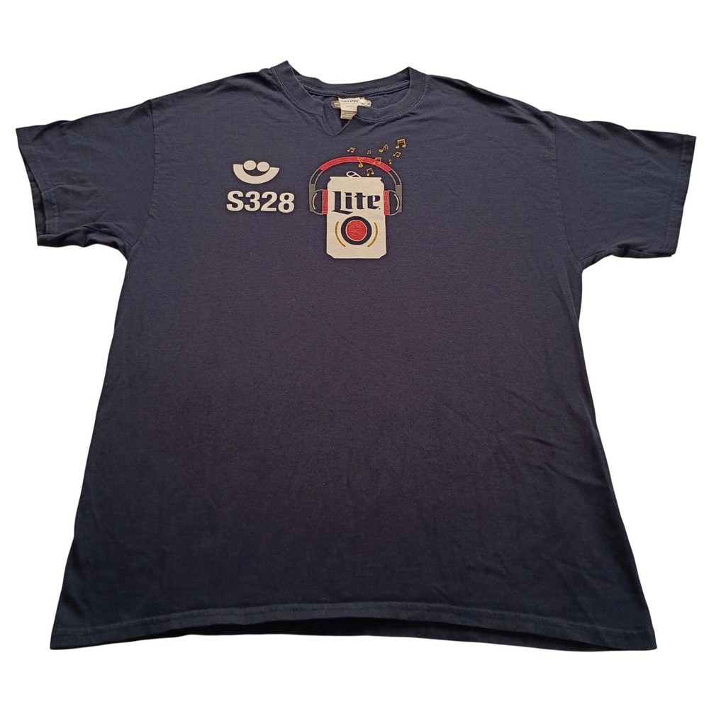 Gildan Miller Lite T-Shirt Men's Graphic Beer Headphones Large Navy Blue Cotton